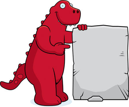 A happy cartoon dinosaur with a stone sign.のイラスト素材