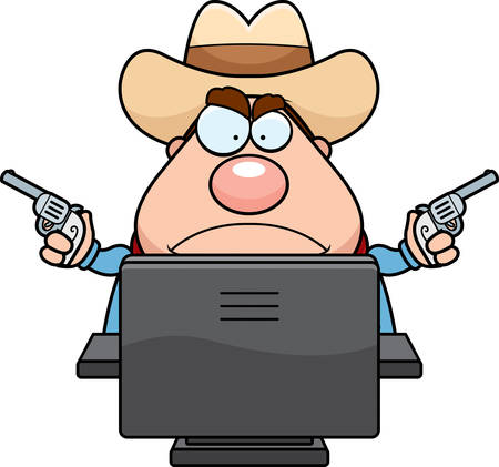 A cartoon cowboy in front of a computer.のイラスト素材