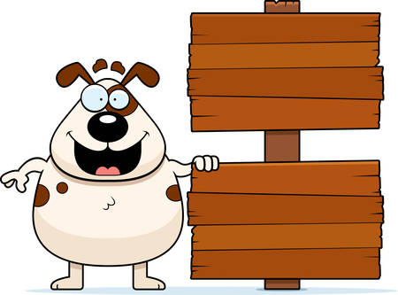A cartoon illustration of a dog with a wood sign.のイラスト素材