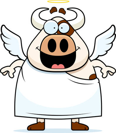 A cartoon illustration of a holy cow with angel wings and halo.のイラスト素材