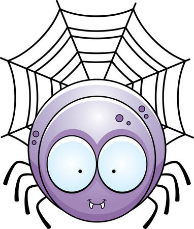 A cartoon illustration of a spider on a web.のイラスト素材