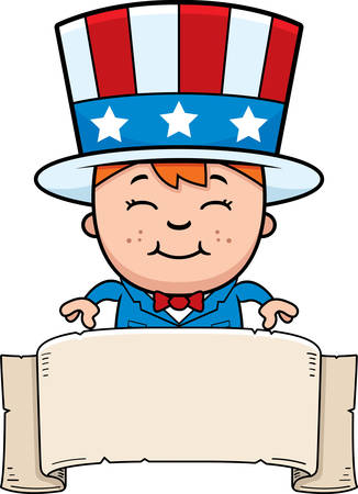 A cartoon illustration of a patriotic boy with a banner.のイラスト素材