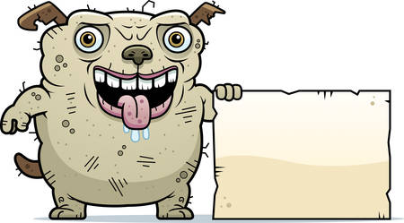 A cartoon illustration of an ugly dog with a sign.のイラスト素材