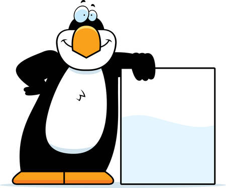 A cartoon illustration of a penguin leaning against a sign.のイラスト素材