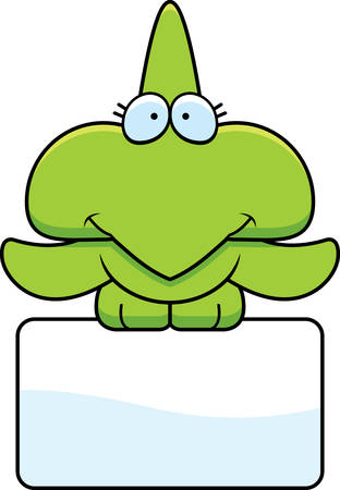 A cartoon illustration of a little pterodactyl with a white sign.のイラスト素材