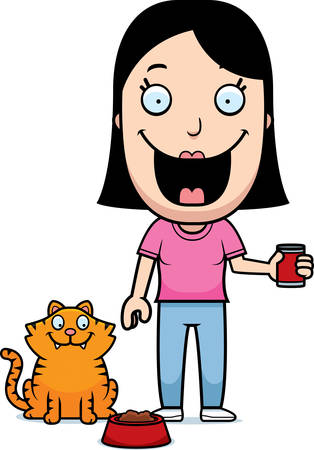 A happy cartoon woman feeding the cat.のイラスト素材