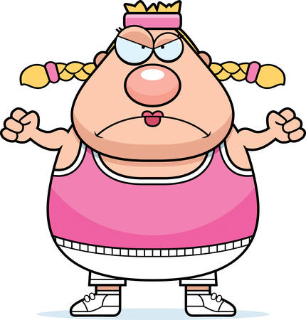 A cartoon illustration of an exercising woman looking angry.のイラスト素材