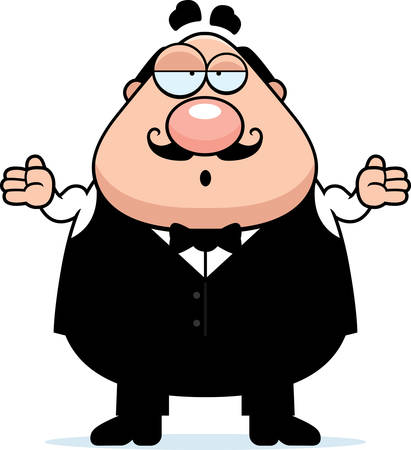 A cartoon illustration of a waiter looking confused.のイラスト素材