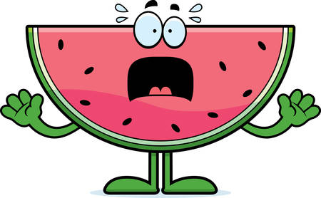 A cartoon illustration of a watermelon looking scared.のイラスト素材