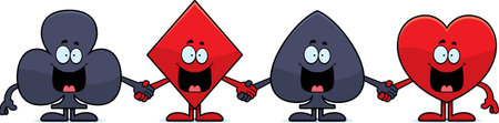 A cartoon illustration of the four card suits holding hands.