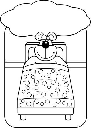 A cartoon bear in bed dreaming and smiling.のイラスト素材