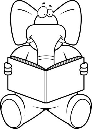 A cartoon elephant reading a book and smiling.のイラスト素材