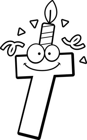 A cartoon illustration of a letter T with a birthday candle and confetti.のイラスト素材