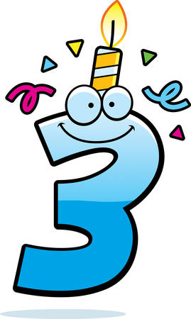 A cartoon illustration of a number three with a birthday candle and confetti.のイラスト素材