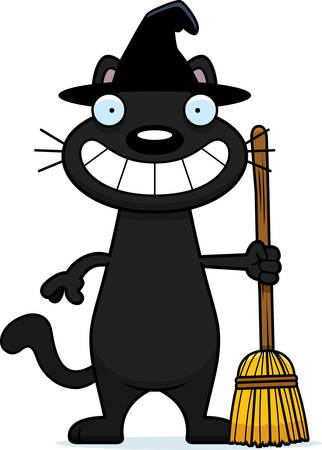 A cartoon illustration of a black cat witch looking happy.のイラスト素材