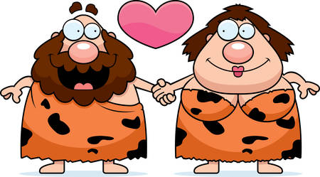 A cartoon illustration of a caveman couple holding hands and in love.のイラスト素材
