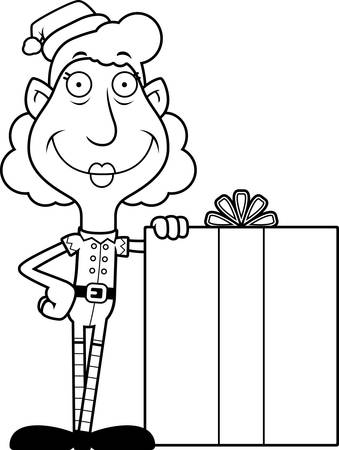 An illustration of a cartoon Christmas elf grandma with a large gift.のイラスト素材