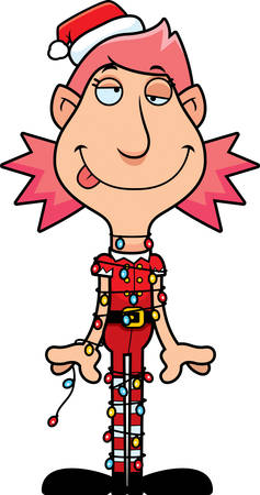 An illustration of a cartoon Christmas elf woman tangled up in Christmas lights.のイラスト素材