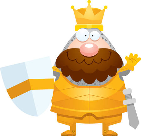 A cartoon illustration of a king in armor waving.のイラスト素材
