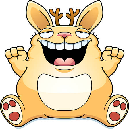 A cartoon illustration of a fat jackalope smiling and sitting.のイラスト素材