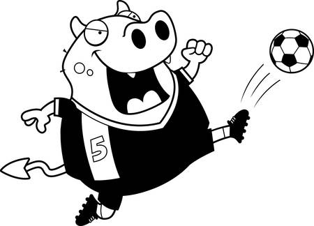 A cartoon illustration of a devil kicking a soccer ball.のイラスト素材
