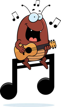 A cartoon illustration of a flea playing the ukulele on a musical note.のイラスト素材