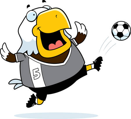 A cartoon illustration of a bald eagle kicking a soccer ball.のイラスト素材