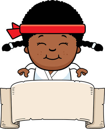 A cartoon illustration of a karate kid with a banner sign.のイラスト素材