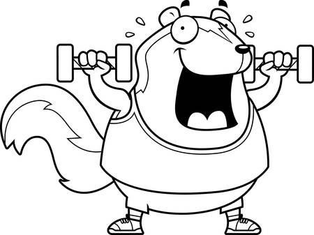 A cartoon illustration of a skunk lifting dumbbell weights.のイラスト素材