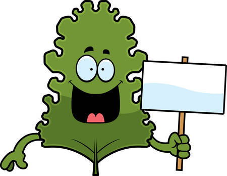 A cartoon illustration of a kale leaf holding a sign.のイラスト素材