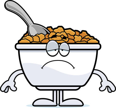 A cartoon illustration of a bowl of cereal looking sad.のイラスト素材