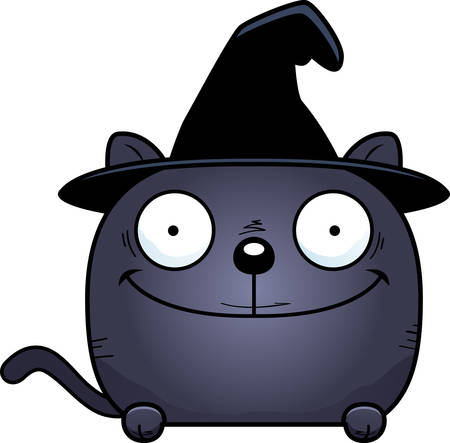A cartoon illustration of a cat in a witch hat peeking over an object.のイラスト素材