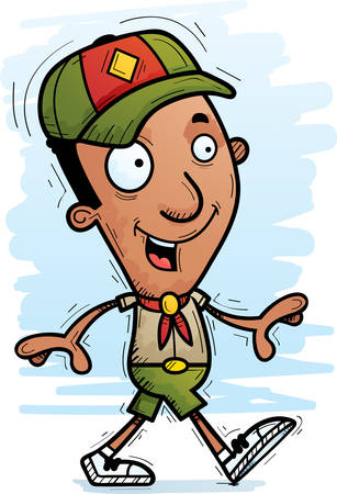 A cartoon illustration of a black man scout walking.のイラスト素材