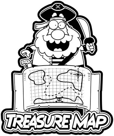 A cartoon illustration of a pirate with a treasure map and treasure map text.のイラスト素材