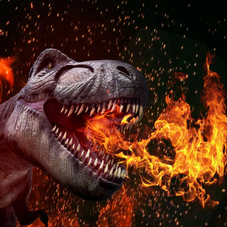 Tyrant dinosaur on black background with flamesの写真素材