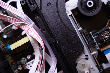 Close up of the inside of a personal computer with fiber optic cablesの写真素材