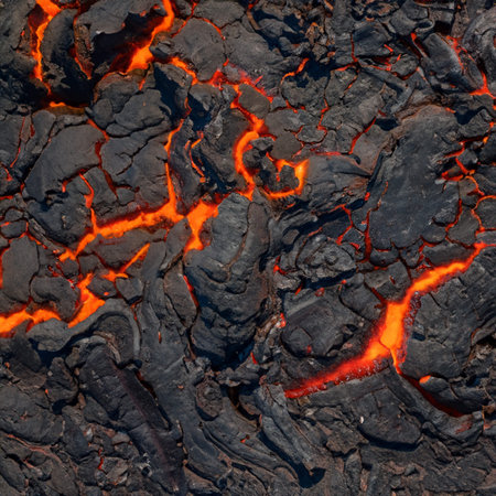 Burning lava of a volcano. Close-up. Abstract background.の写真素材