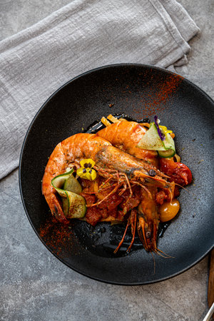 Grilled tiger prawns with vegetables on a black plate.の写真素材