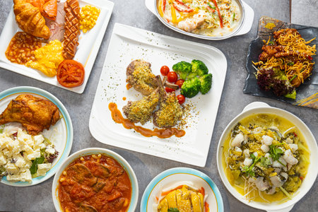 Set of different food dishes on the table. Top view, flat layの写真素材