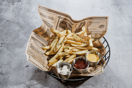French fries with ketchup and mayonnaise in a basket on a gray backgroundの写真素材