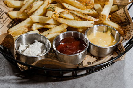 French fries with ketchupnnaise and mayonnaiseの写真素材
