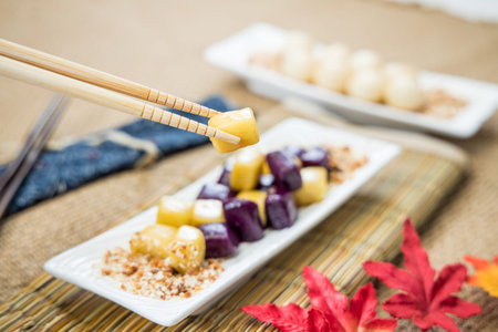 Taiwanese traditional sweet and dessert, glutinous rice dumplings and sweet potato dumplings with...
