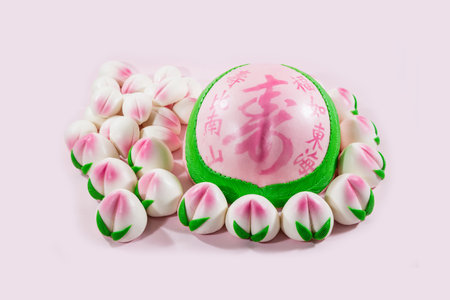 Traditional Chinese bread, called longevity peach buns, is used as the last dish for eldersâ birthdays and festive banquets.の写真素材