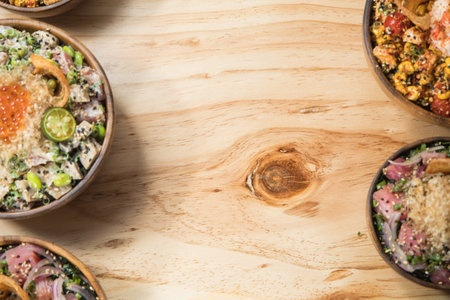 Top view of japanese food on wooden background with copy spaceの写真素材