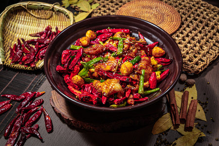 A spicy Sichuan-style stir-fry with chicken, dried chili, green onion, sesame, and aromatic spices, served in a dark bowl with rustic elements.の写真素材