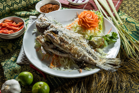 Whole grilled fish with coarse salt on cabbage and carrot, garnished with carved carrot flower and surrounded by Thai herbs and condiments.の写真素材