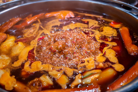 A boiling spicy hot pot on an induction cooker with chili oil and steam rising, set on a red table.の写真素材
