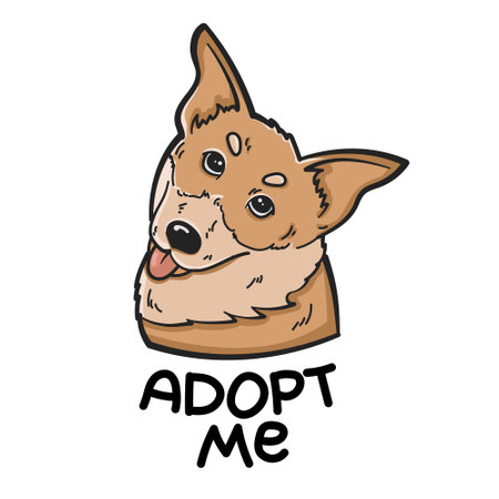 Isolated vector drawing of a dog. Funny brown dog, kind and happy, with the inscription Adopt me. Suitable for stickers, prints, postcards, banners, posters, advertisements for animal shelters.のイラスト素材