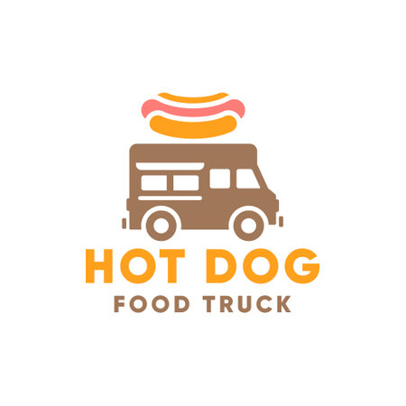 Food Truck Hotdog Van. Mobile food market in bus flat style, vector illustration isolated on white background. modern logo.のイラスト素材