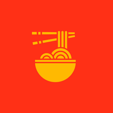 Vector illustration of delicious Japanese ramen noodle on bowl with vintage retro flat style. Japanese food, ramen noodle silhouette. Typography logo.のイラスト素材